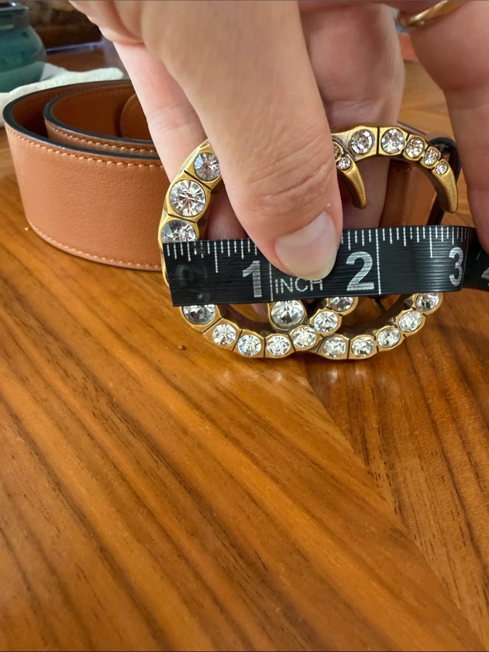 Designer-Inspired Tan Women's Leather marmot Belt with Crystal Double-G Buckle